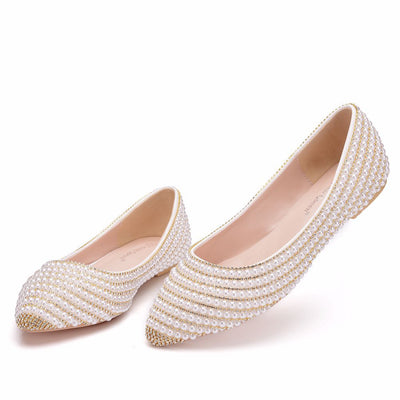 White Gold Chain Pearl Flat Wedding Shoes