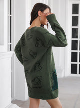 Dinosaur Jacquard V-neck Long Sleeve Sweater Dress