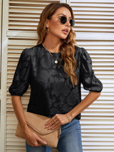 Chiffon Flower Round Neck Bubble Sleeve shirt