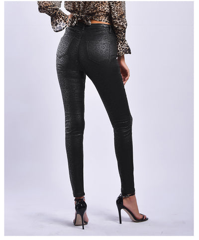 Black Leopard Print PU leather Pants