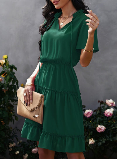 V-neck Silm Waist Ruffled Dress