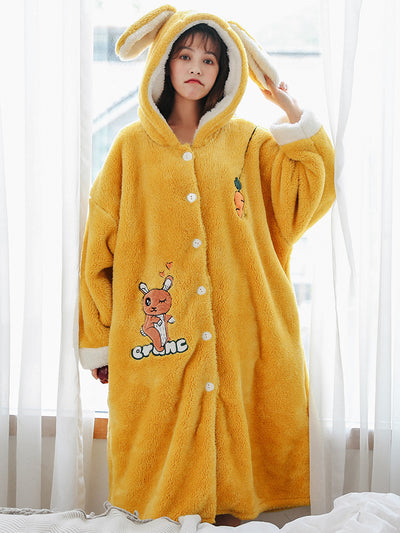 Yellow Carrot Rabbit Coral Fleece Pajamas Extended Bathrobe