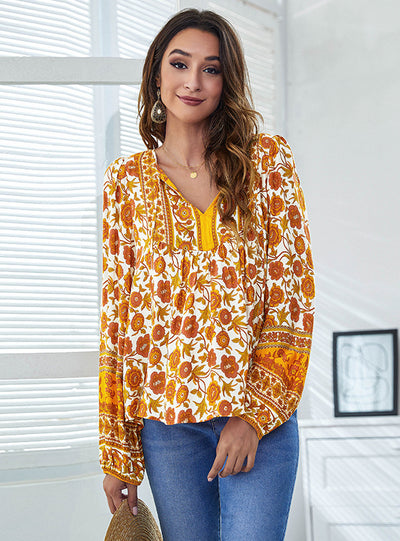 V-neck Printed Loose Lantern Long Sleeve Blouse