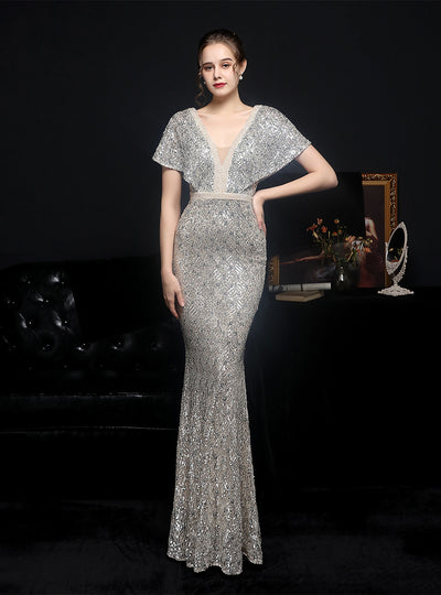 V-neck Bat Sleeve Sequins Party Dress