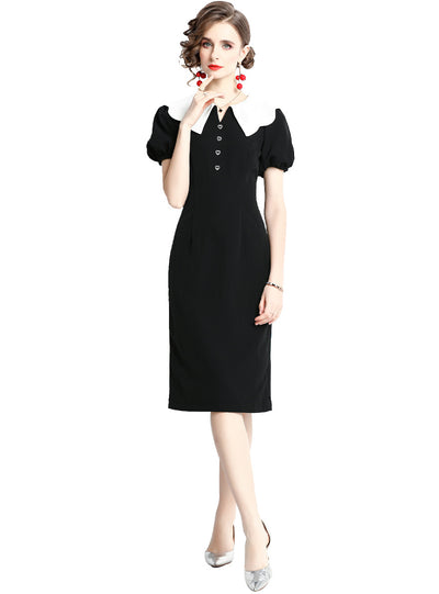 Retro Lantern Sleeve Slim Short Sleeve Black Dress