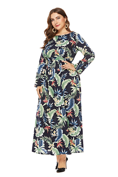 Long Sleeve Printed Big Swing Chiffon Dress