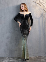 Long Sleeve Velvet Sequins Prom Dress