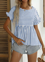 Loose Lotus Leaf Short Sleeve Striped Shirt