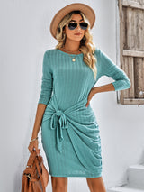 Long Sleeve Round Neck Solid Color Slim Dress