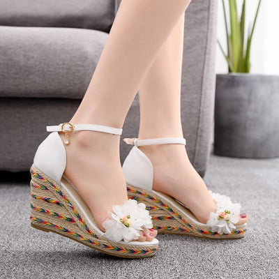 White Flower Fishmouth Wedge Sandals