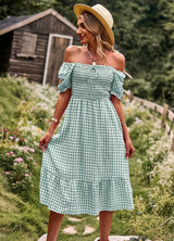 Leisure Holiday Off the Shoulder Plaid Dress