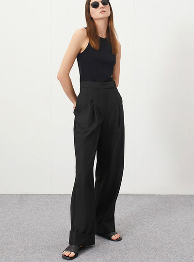 Women High Waist Pockets Female Pleated Wide Leg Pants