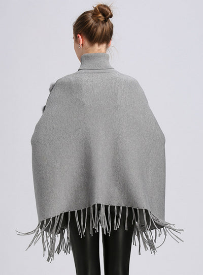 High Necked Bat Sleeve Fringed Turtleneck Cloak