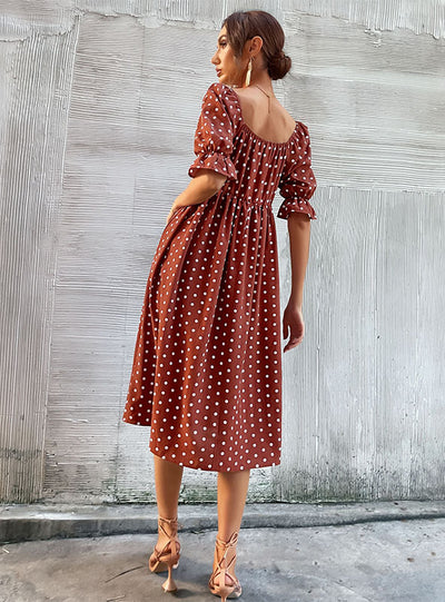 Retro Bubble Sleeve Polka Dot Square Collar Dress