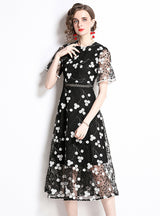 Women Black Heavy Embroidery Gauze Dress