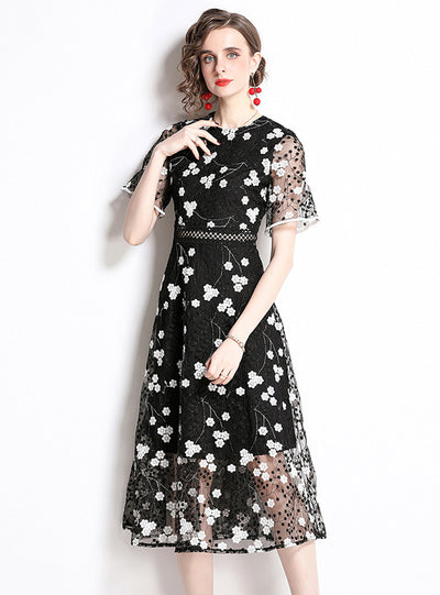 Women Black Heavy Embroidery Gauze Dress