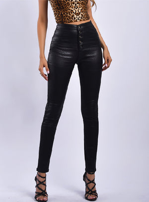 Black High Waist PU Leather Button Slim Pants