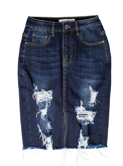 Slim-fit Worn Hole Hip Denim Skirt