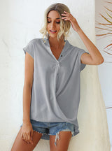 V-button Bat Sleeve Loose Chiffon Shirt