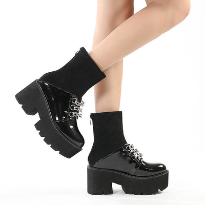 Zipper Thick-soled Spliced Metal Velvet Booties