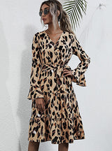 Long Leopard Print V-neck Contrast Dress