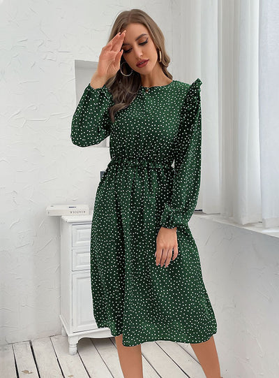 Round Neck Long Sleeve Polka Dot Dress