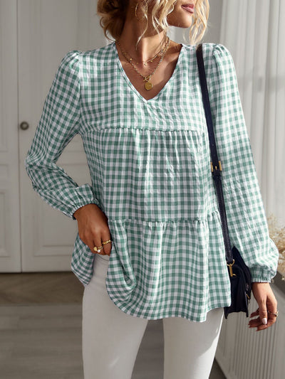 Loose Casual V-neck Plaid Top