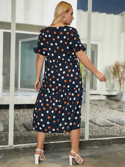 Round Neck Sleeve Polka Dot Print Big Swing Dress