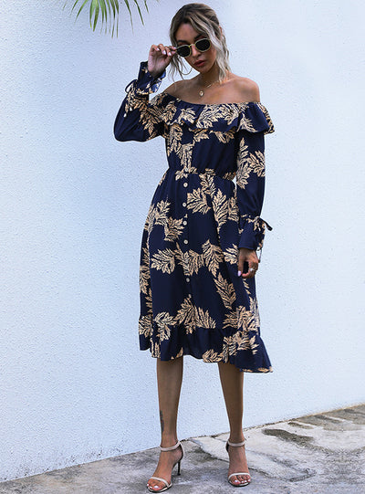 Long Sleeve Printed Flounce Dress