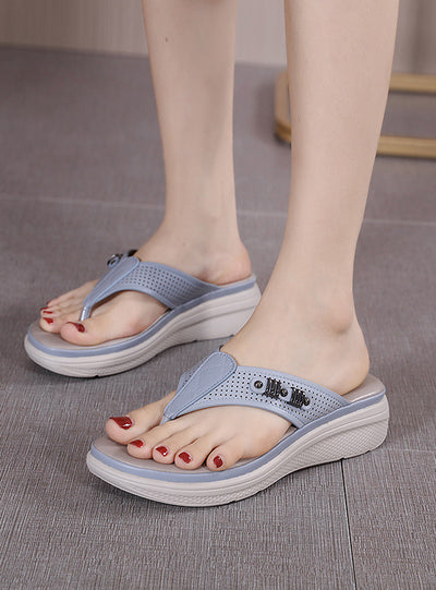 Metal Button Hollow Wedge Heel Flip-flops