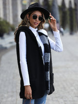 Hooded Sleeveless Plaid Fleece Loose Coat