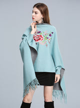 Embroidered Tassel Knitted Shawl Cloak Bat Sleeve