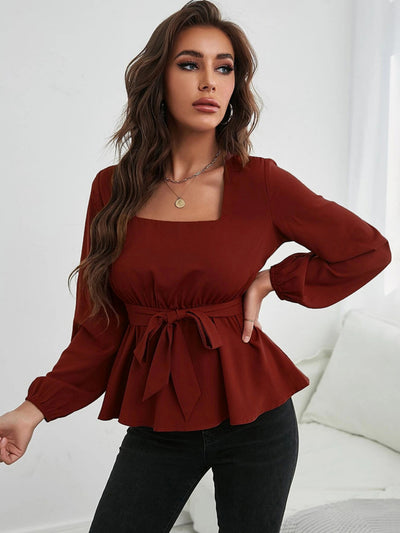 Square Neck Elastic Waist Ruffled Long Sleeve Shirt