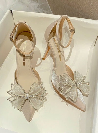 Pointed Rhinestone Bow High-heeled Shoes