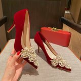 Red High-heeled Pearls Shoes