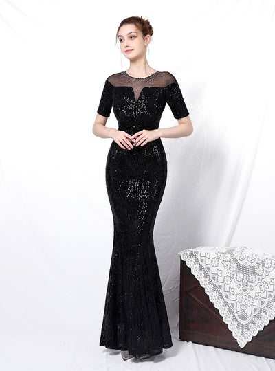 Long Sleeve Sequined Evening Dress