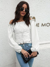 Women Lantern Sleeve Lace Up Shirt