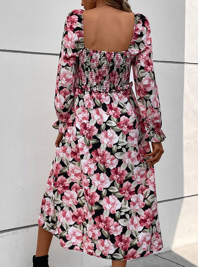 Flower Long Sleeve Print Split Dress