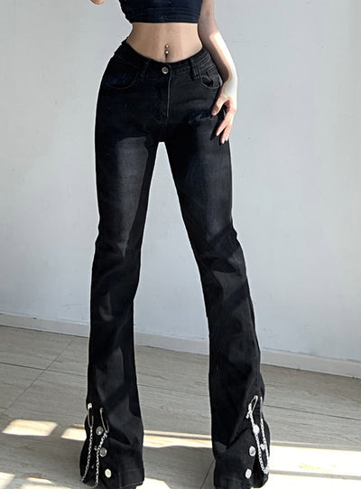 Metal Chain Decorative Button Split Pants