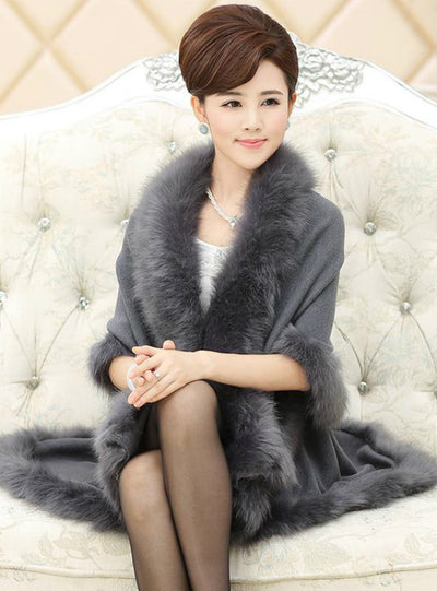 Knitted Double Cardigan Faux Fox Fur Shawl Cape