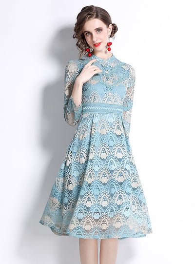 Women Blue Lace Long Sleeve Dress