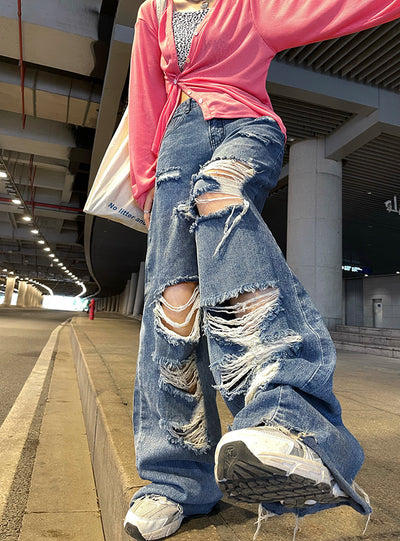 Women's Ripped Jeans High Waist Loose Straight Pants