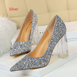 Transparent Crystal Thick Heel Sequins Shoes