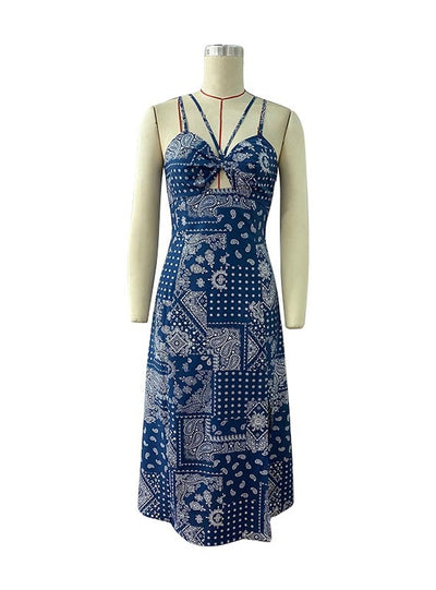 Hollow Spit National Style Printed Dress