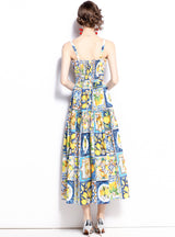 Lemon Printed Bow Slim Sling Dress