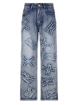 Letter Patch Loose Straight Jeans