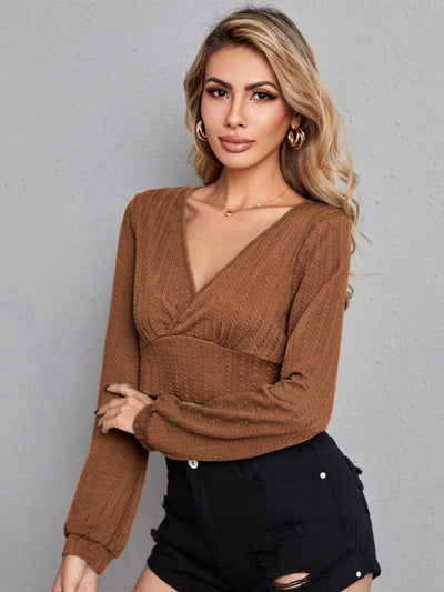 V-neck Slim Top Twist Long Sleeve T-shirt