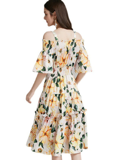 Camellia Sling Elastic Waist Print Dress