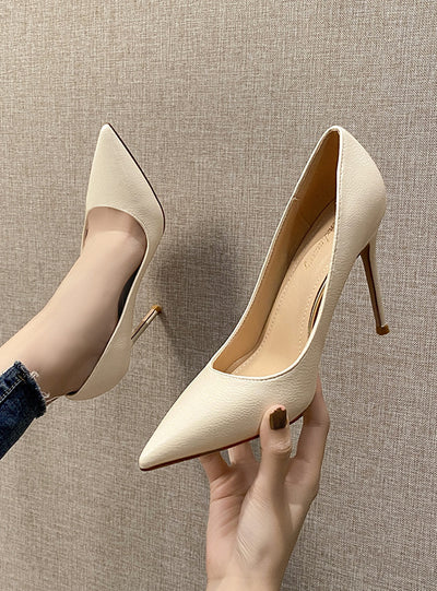 Soft Leather Thin Heel Pointed Tip Shallow Mouth Shoes