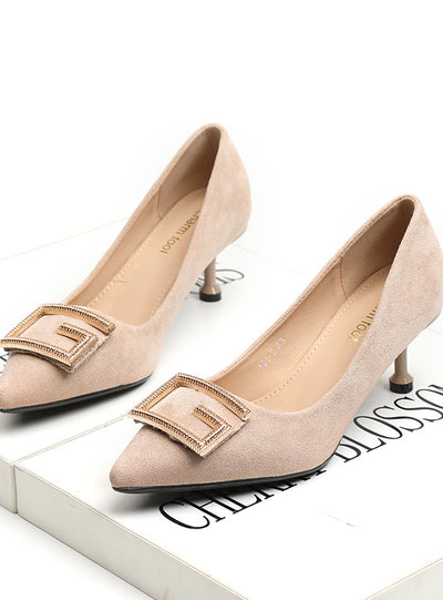 Women's Thin Heel Pointed Suede G Buckle Shallow Shoes